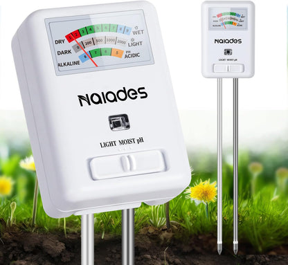 Professional 3-in-1 Soil Tester - Moisture/Light/pH Meter with Lab-Calibrated Probes, 90° Rotatable Display for Indoor/Outdoor Plants (Battery-Free) (White)