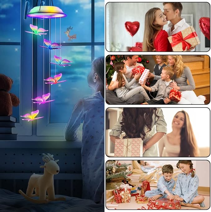 Fohil Solar Butterfly Wind Chimes, Color Changing Solar Wind Chimes for Outside, LED Waterproof Solar Powered Hanging Lights Outdoor Valentine Decorations, Gifts for Women Mom Grandma