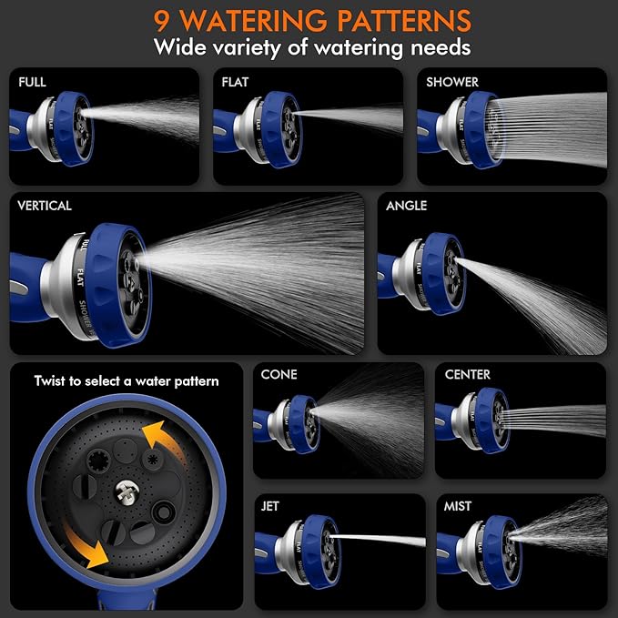 RESTMO Hose Nozzle Heavy Duty, Metal Water Hose Sprayer for Garden, 9 Spray Patterns | High Pressure | Thumb Flow Control | On/Off Valve, Ideal for Lawn & Plant Watering, Car & Pet Washing, Blue