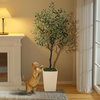 Olive Trees Artificial Indoor 5ft, Tall Faux Silk Plant with Pot, Realistic Leaves and Natural Wood Trunk Fake Trees with Lifelike Fruits for Home Office Decor Bedroom Livingroom Entryway Housewarming