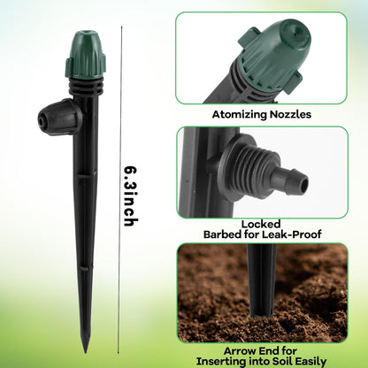 30Pcs Irrigation Misters Emitters for 1/4" Drip Tubing,Adjustable 360 Degree Automatic Atomizing Nozzles on 6.3" Arrow Stake Micro Spray Irrigation Kits for Patio Misting Plant Watering System