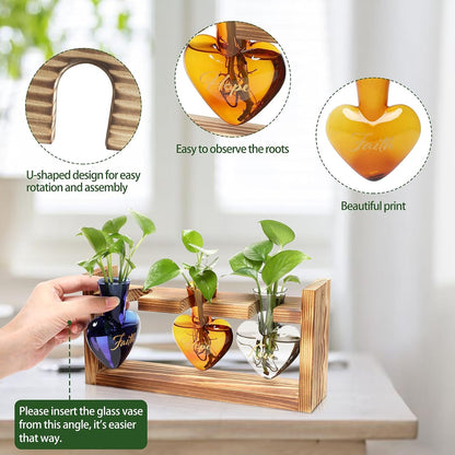 Plant Terrarium Propagation Stations Faith Hope Love Hydroponics Home Garden Decoration Gift for Women with Wooden Stand Heart Shaped Colored Glass Vase