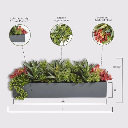CG Hunter Oblong Faux Succulent Arrangement, Premium Artificial Indoor Plant Enhances Interior Design, Display on any Surface in Your Home Adding an Inviting Touch of Nature, Grey Planter Pot Included