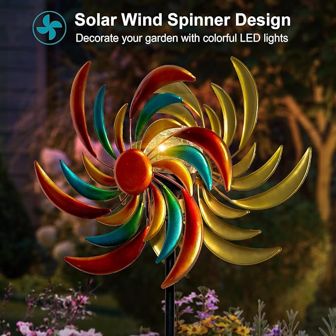 360° Wind Spinners Outdoor with Solar Lights Colored Leaves Garden Decor Yard Lawn Art Decor for Patio Kinetic Windmills Unique Gifts for Friends and Family 60.63'' H x 13.38'' Dia
