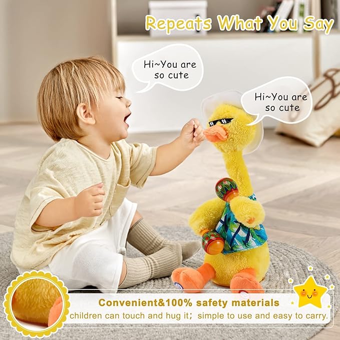 Talking Dancing Duck Toy, Repeating What You Say, Mimicking Toy Dancing Duck Baby Toys for Infants, Singing Duck Stuffed Animal Plush Toys, Baby Toys 6-12 Months Musical Interactive Tummy Time Gifts