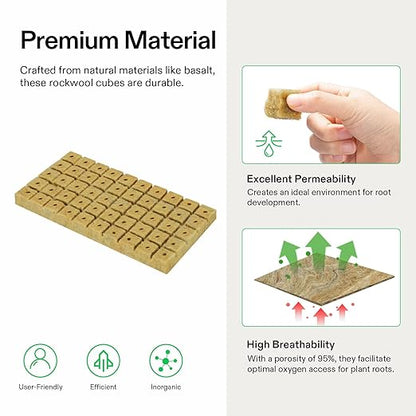 VIVOSUN 1" Rockwool Cubes, 200 Plugs Stonewool Starter Grow Cubes for Cuttings, Cloning, Plant Propagation, Seed Starting, Hydroponic Grow Media for Vigorous Plant Growth, 4 Sheets of 200 Plugs