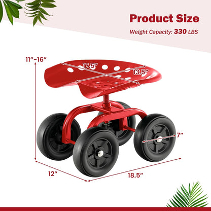 LDAILY Garden Seat with Wheels, Heavy-Duty Utility Stool Cart with Adjustable 11"-16" Height & 360° Rotatable, Rolling Garden Cart with Seat for Lawn Planting, Yard Work, Patio Gardening (Red)