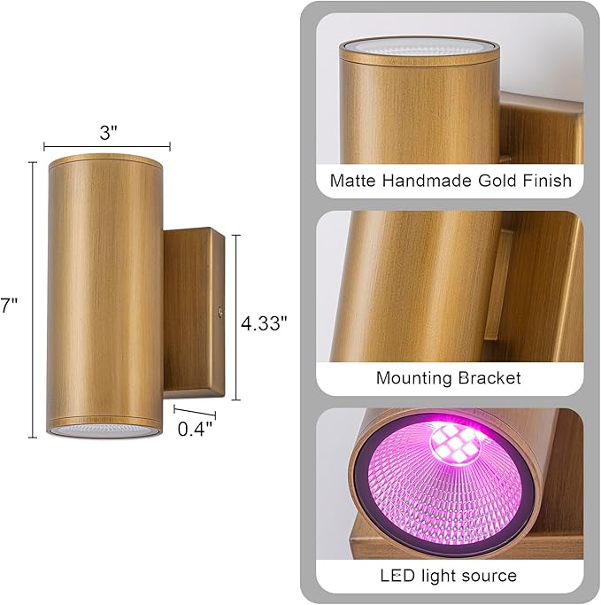 RGB Outdoor Wall Light LED Exterior Lighting Fixtures with Remote Control or App Control, 7" Handmade Gold Outdoor Sconce Lights for House Front Door Garage Patio Porch