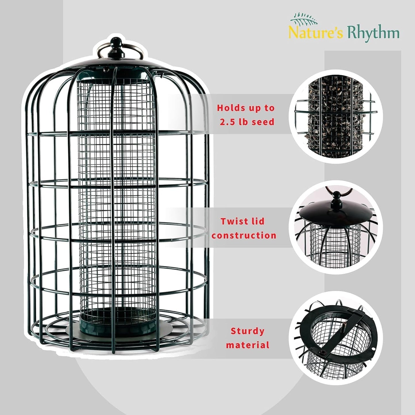 Nature's Rhythm Outdoor Hanging Bird Feeder Cage Mesh Tube Squirrel Proof Wild Bird Feeder with Large Metal Seed Guard Deterrent