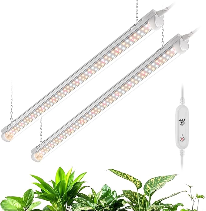 Bstrip Grow Light, 2FT 48W (2 X 24W) Plant Light with Timer, Full Spectrum with 660nm Red LEDs, Linkable Design, 3686K T8 Grow Lights for Indoor Plants, Greenhouse, Seeding, 2-Pack