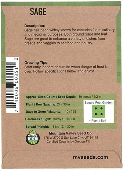 Organic Sage Seeds - 500 mg Packet - Non-GMO Herb Garden Seeds - Culinary Sage for Cooking - Perennial Gardening