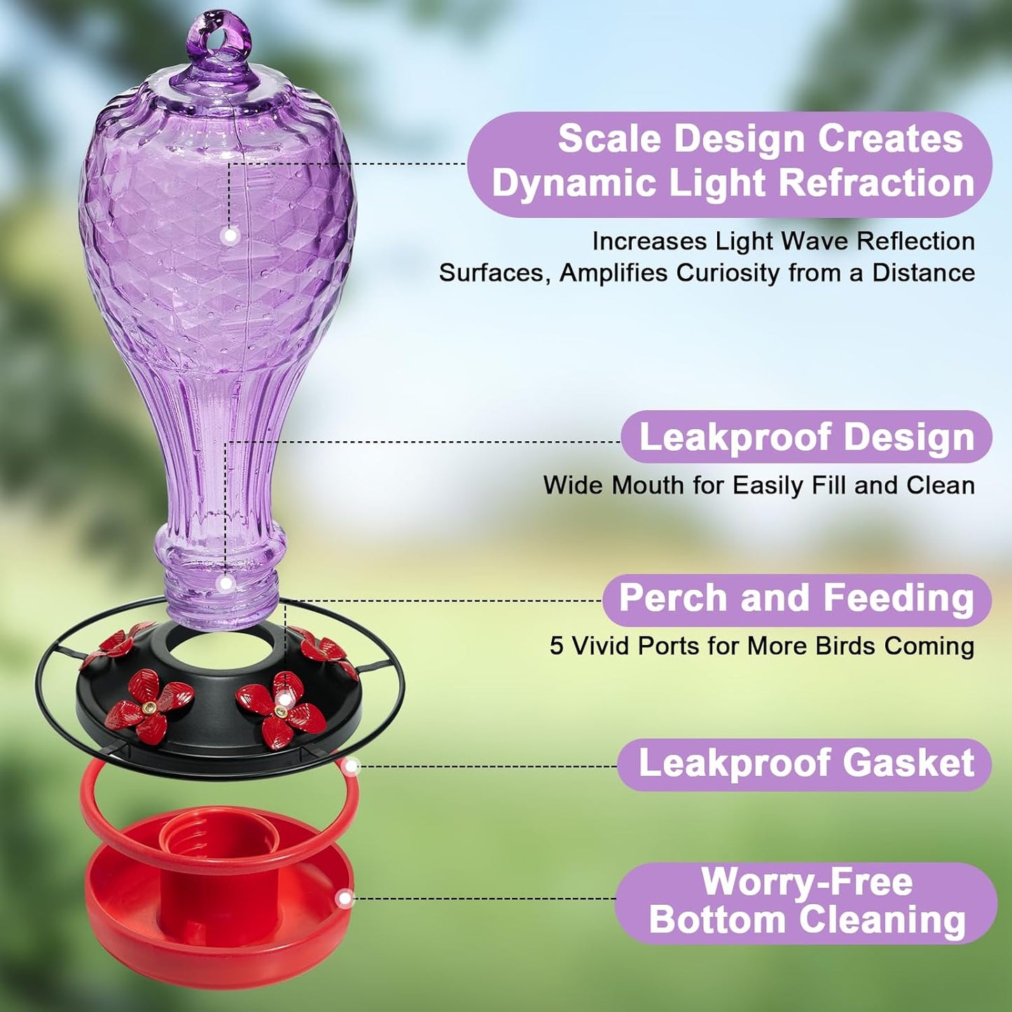 Hand Blown Glass Hummingbird Feeder for Outdoors Hanging with Ant Moat, Never Fade, 20 Ounces, Leak-Proof‌, Garden Backyard Decor for Bird Watching, for Mom Dad, Purple