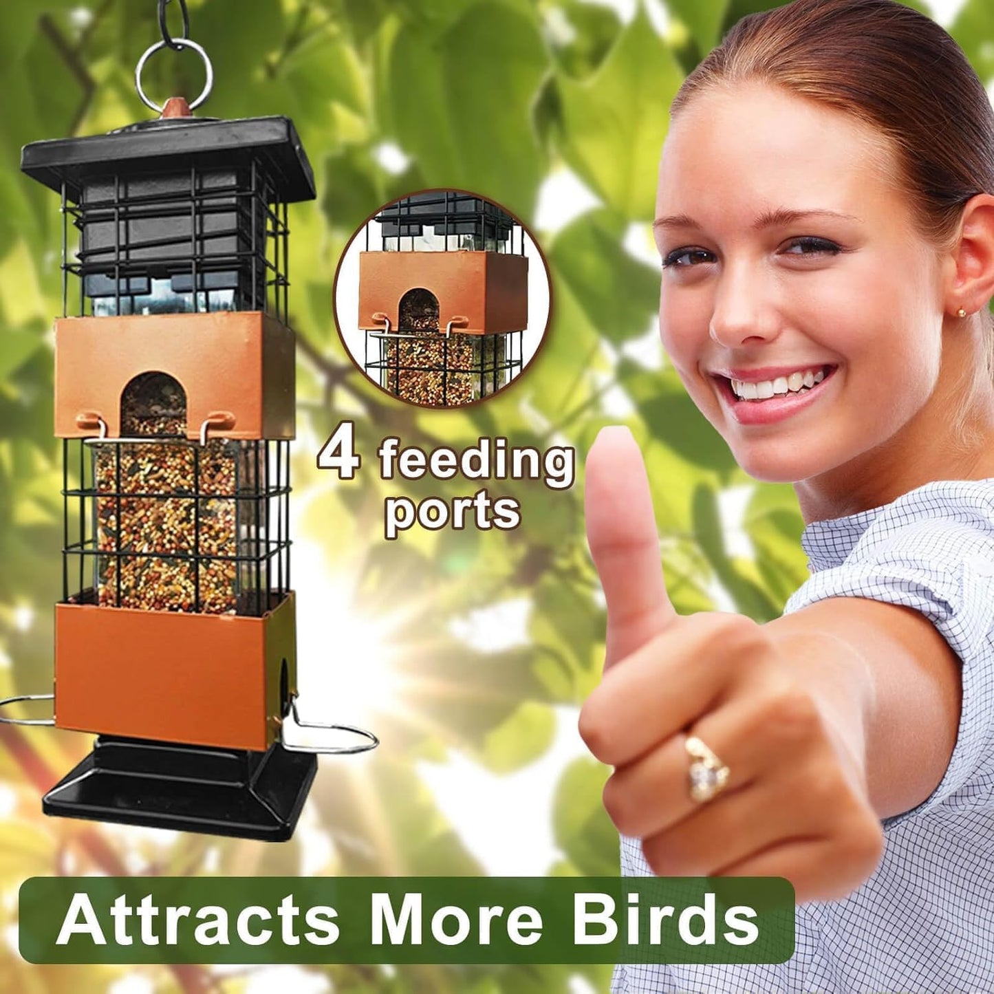 Squirrel Proof Bird Feeders, Metal Bird Feeder for Outdoors, 3 Lbs Birdfeeder Outside Hanging, Weight Activated Spring, 4 Feeding Ports, Finches, Cardinals, Wild Birds, Brown