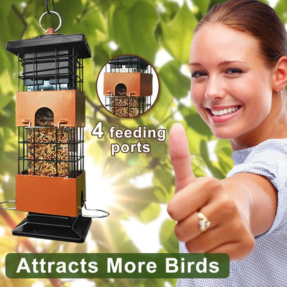 Squirrel Proof Bird Feeders, Metal Bird Feeder for Outdoors, 3 Lbs Birdfeeder Outside Hanging, Weight Activated Spring, 4 Feeding Ports, Finches, Cardinals, Wild Birds, Brown