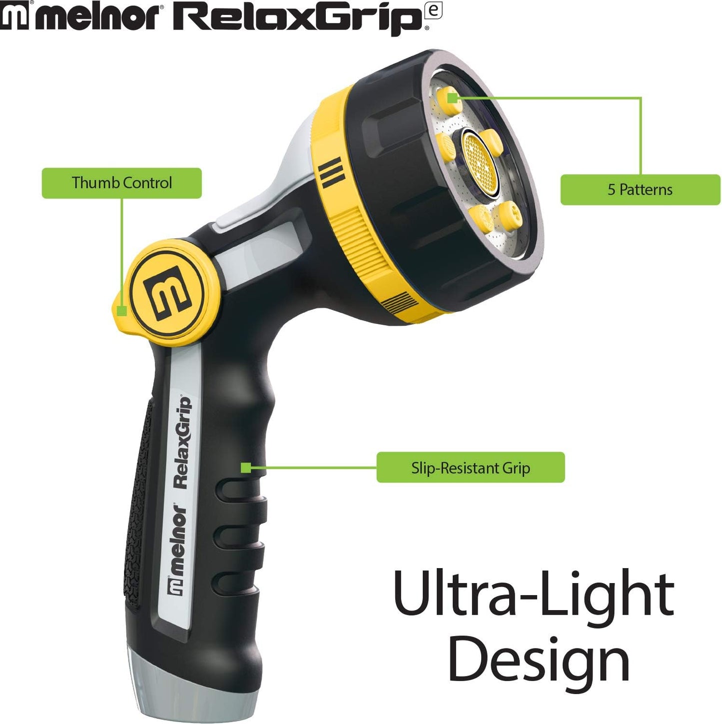 Melnor 65130AMZ RelaxGrip Thumb Control 5 Pattern w/Adpt Nozzle Bundle, QuickConnect Product Adapter, Black, Yellow