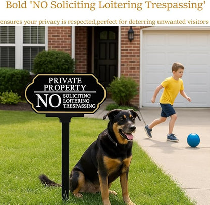 No Soliciting Sign for Front Door with Stake, Private Property No Trespassing Sign 14x7 inch/37 inch High for House and Yard (1-Pack)
