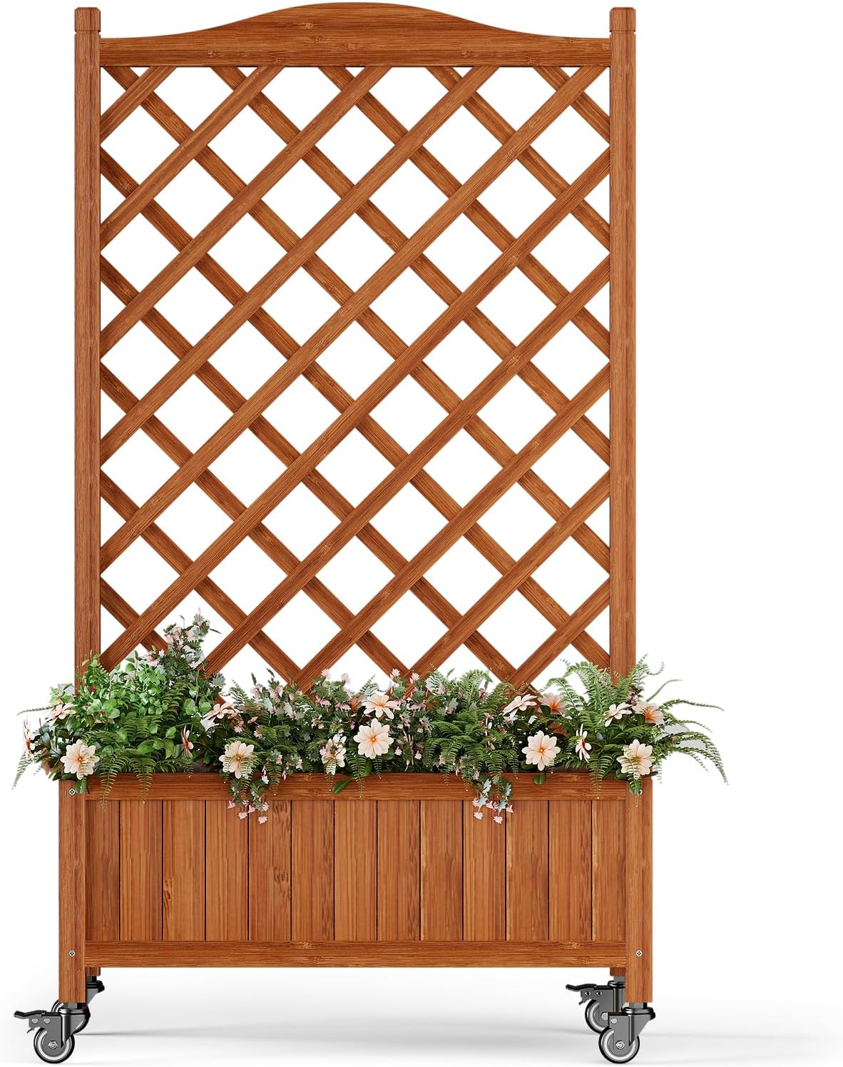 Upgraded 2-Pack 50" Tall Trellis Planter Box with Wheels, 49.8"H × 27.6"W × 13.0"D Solid Fir Wood Raised Garden Bed & Lattice Privacy Screen, Rolling Planter with Drainage for Patio/Garden