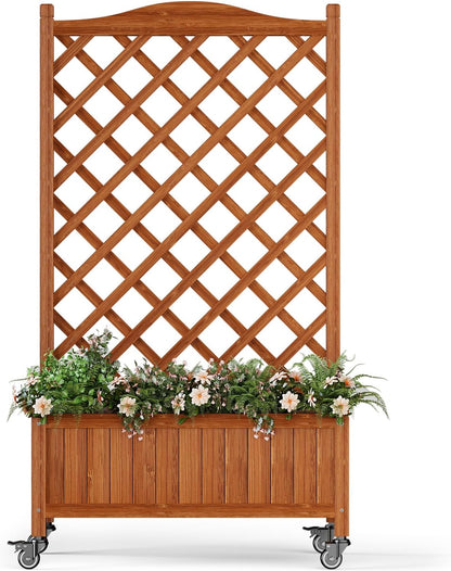 Upgraded 2-Pack 50" Tall Trellis Planter Box with Wheels, 49.8"H × 27.6"W × 13.0"D Solid Fir Wood Raised Garden Bed & Lattice Privacy Screen, Rolling Planter with Drainage for Patio/Garden