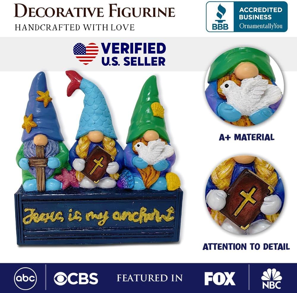 OrnamentallyYou Spring & Summer-Themed Garden Statues – Adorable Outdoor Decor for Lawn, Patio & Porch (Nautical Themed Religious Gnome Figurine, Jesus is My Anchor 6" Beach House Statue)