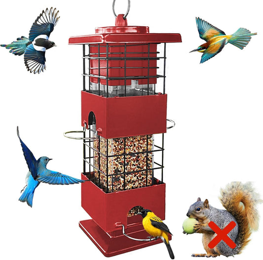 Squirrel Proof Bird Feeder, Metal Bird Feeders for Outdoors, 3 Lbs Birdfeeder Outside Hanging, Weight Activated Spring, 4 Feeding Ports, Cardinals, Finches and Sparrows, Wild Birds (Red)