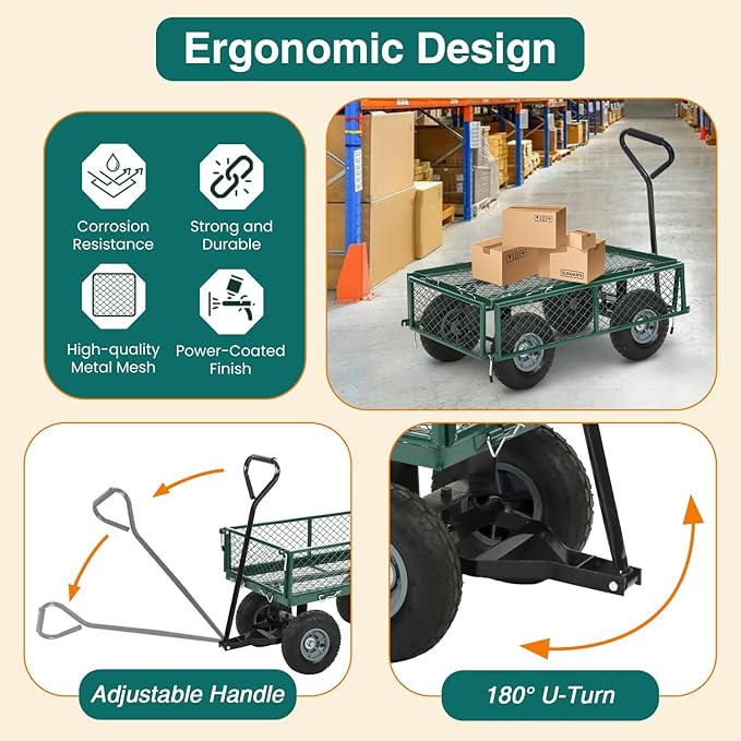 FDW Garden Cart Streel Heavy Duty 500 LBS Capacity，Utility Cart Wagon with Removable Sides and 180°Rotating Handle for Yard, Lawn and Garden Hauler (Green)