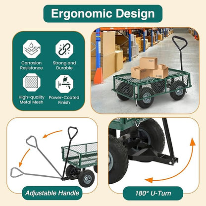 FDW Garden Cart Streel Heavy Duty 500 LBS Capacity，Utility Cart Wagon with Removable Sides and 180°Rotating Handle for Yard, Lawn and Garden Hauler (Green)