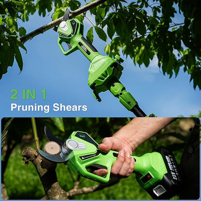 Electric Pruning Shears with Pole: 1.6" Cutting Diameter 2-in-1 Cordless Pole Pruner - 2 Pcs 4.0Ah Batteries, Brushless Motor, Extra SK5 Blade, Branches Cutter for Flower Tree Trimming