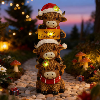 Glintoper Solar Garden Highland Cow Statue, 12" Outdoor Christmas Decoration Lighted Triple Stacked Resin Cow Whimsical Yard Art, Ideal Xmas Birthday, for Porch Pathway Patio Lawn