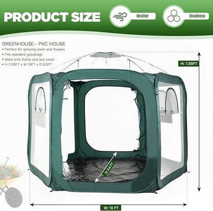 Porayhut Pop up Greenhouse Tent,Portable Large Walk-in Plant House 10’X10’ ,Indoor Outdoor Gardening Plant Sunshine Room with PVC Mesh Cloth Cover for Protecting Plant from Cold Frost & Birds
