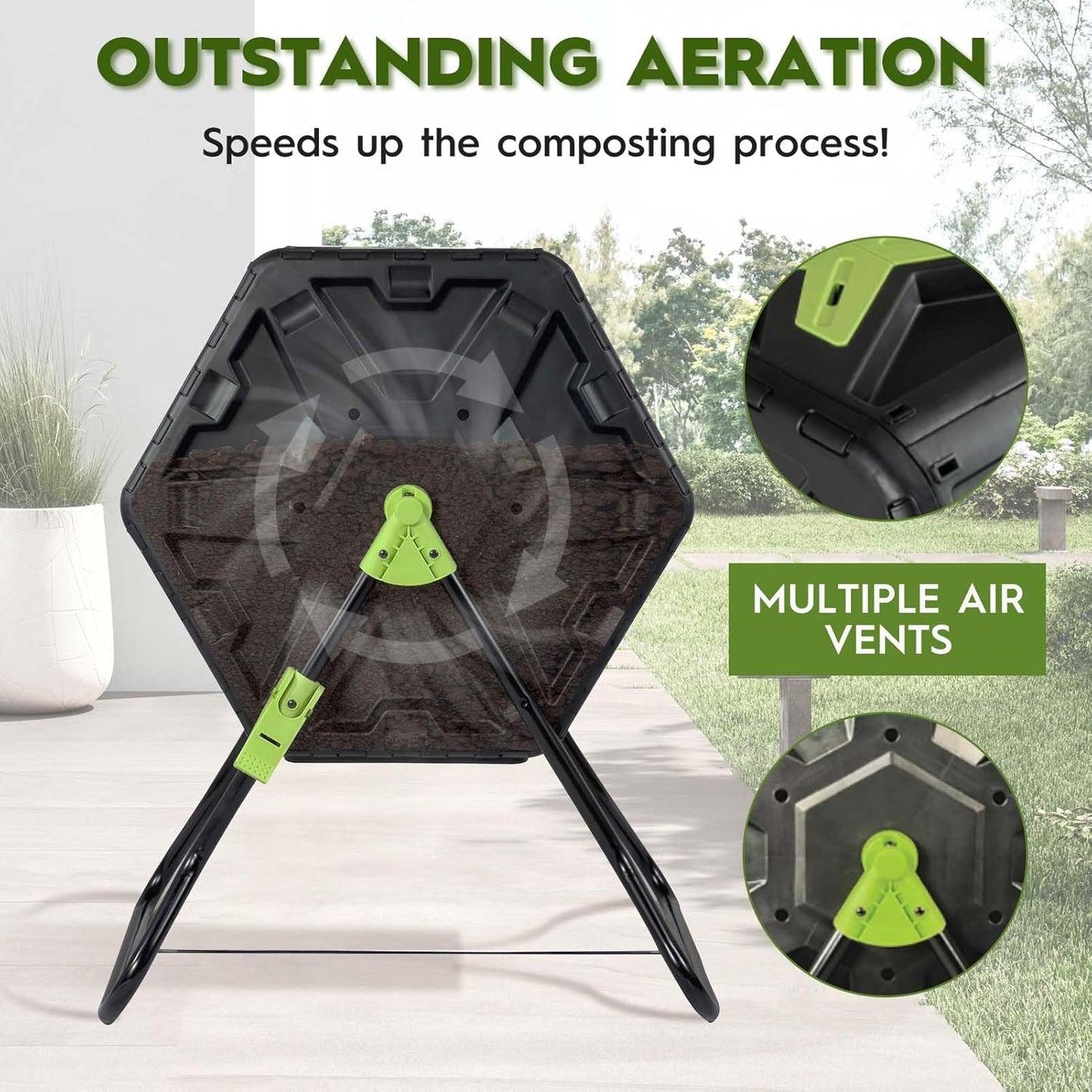 Compost Bin, 21 Gallon Small Composter Tumbler Outdoor Compact Single Rotating Chamber with Sliding Door and Steel Frame, BPA-Free Composting Bin for Garden, Kitchen, and Yard Waste