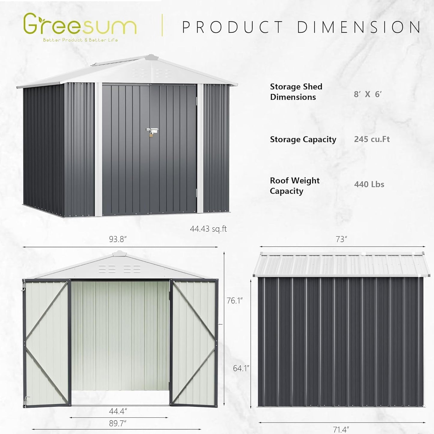 Greesum 8x6FT Outdoor Storage Shed, Utility Tool Shed Metal Storage Garden Shed with Door & Lock for Patio Storage, Gray