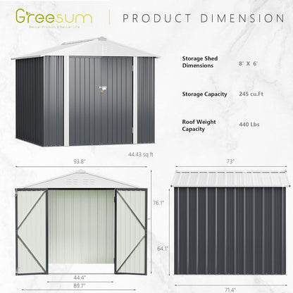 Greesum 8x6FT Outdoor Storage Shed, Utility Tool Shed Metal Storage Garden Shed with Door & Lock for Patio Storage, Gray