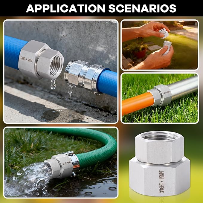 2 Pcs Stainless Steel Garden Hose Fittings Connectors Adapter,3/4" GHT to 1/2" NPT Repair Female to Female Double dual water hose connector, Lead-Free