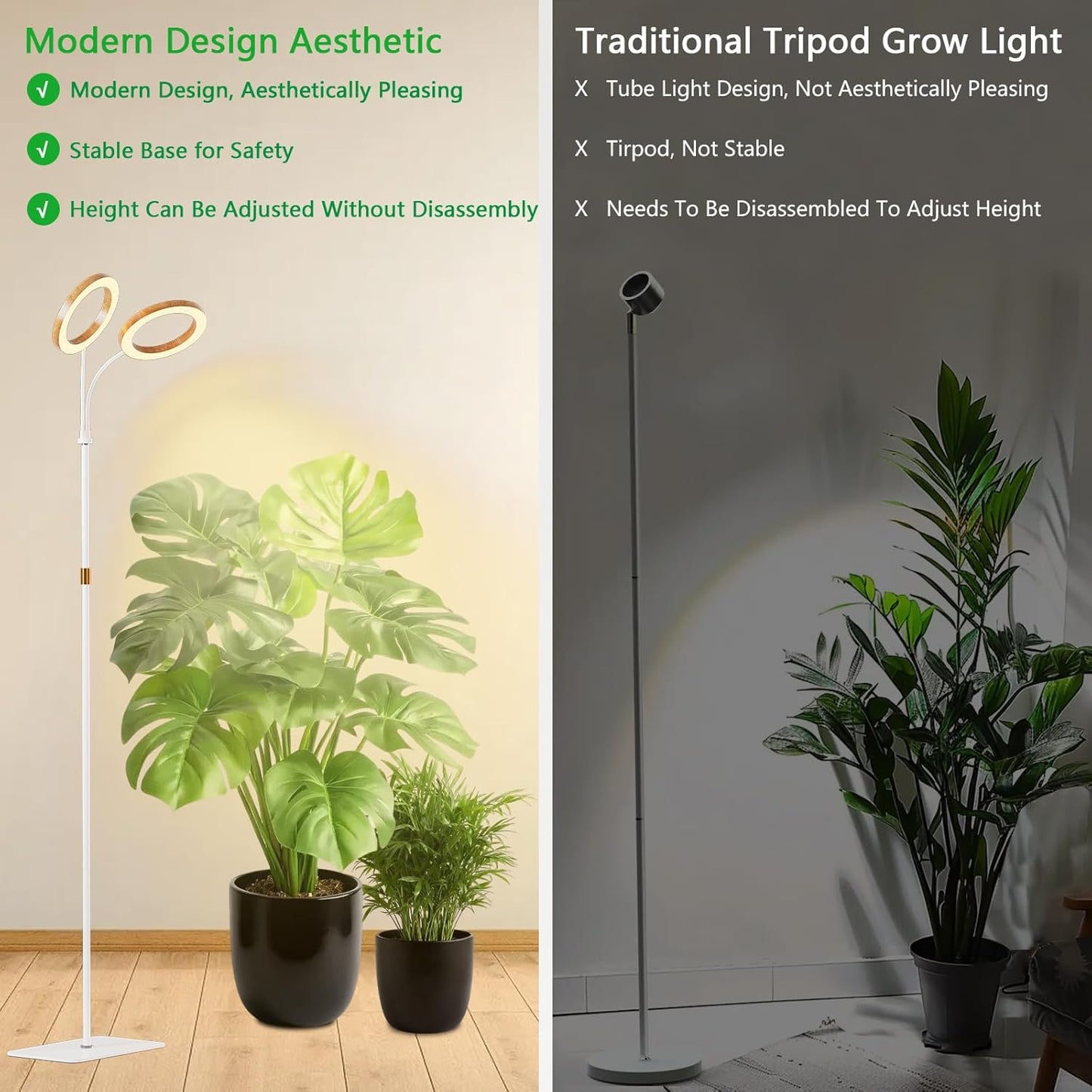 Full Spectrum Grow Light with Stand for Indoor Plants, Floor Plant Light, 6/12/18H Timer, 3 Color Modes, Adjustable Height 16.5–68in, for Large Plants & Home Décor(2 Heads,Faux Wood Grain)