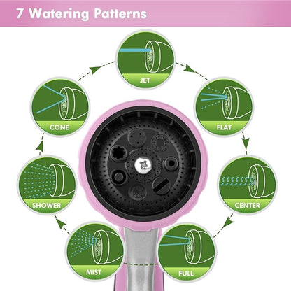 RESTMO Metal Watering Wand, Heavy Duty Garden Hose Wand with 180° Swivel Ratcheting Head, 16'' Hose Nozzle Sprayer with 7 Spray Patterns and Flow Control, for Water Hanging Baskets and Shrubs, Pink