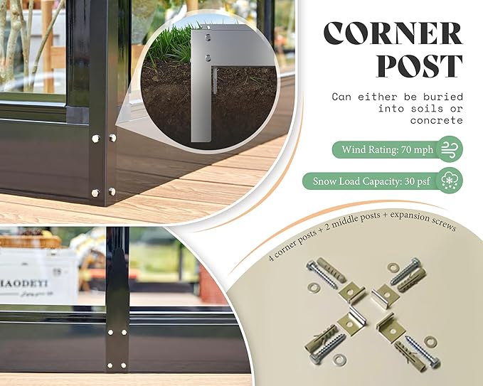 AMERLIFE 14x9.5x9 FT Hybrid Polycarbonate Greenhouse Quick Connector Fast Assembly, Swing 2 Doors Clear Panels, Walk-in Large Aluminum Greenhouse for Outdoors, Black