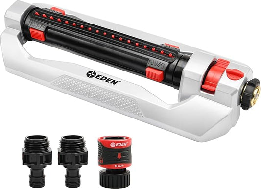 Eden 94095 Heavy Duty Turbo Oscillating Sprinkler, Covers Up to 4,000 sq. ft., 18 Precision Nozzles, Weighted Aluminum Base, Adjustable Range, Flow Control, Width Adjustment Tabs, Quick Connect Bundle