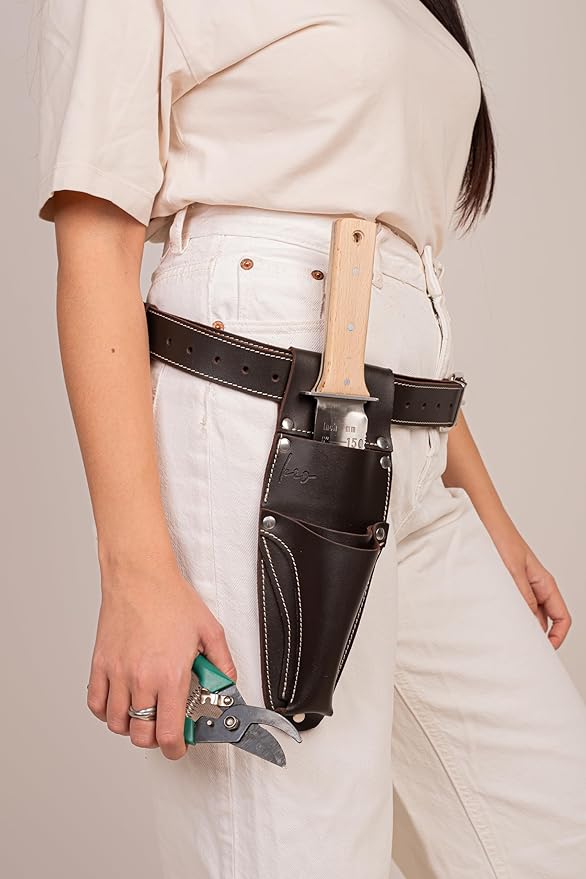 Hori Hori Leather Sheath Belt with Pruner and Scissor Pockets. Personalized Florist Tool Belt Leather, Gardening Belt with Pockets. (Dark Brown, One Size - Adjustable)
