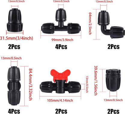 16 Pcs 1/2 inch Tubing Irrigation Fittings Kit, For (1/2" ID x0.6-0.63" OD) 16mm Drip Tubing Barbed Locked Nuts Connectors 2 Ends,2 Elbows,2 Switch Valves,2 US Standard Adapters,4 Tees 4 Couplings