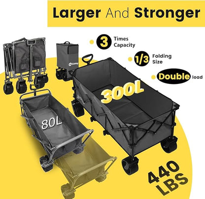 Sekey 48''L Collapsible Foldable Extended Wagon with 440lbs Weight Capacity, Heavy Duty 300L Folding Utility Garden Cart with Big All-Terrain Beach Wheels & Drink Holders. Grey