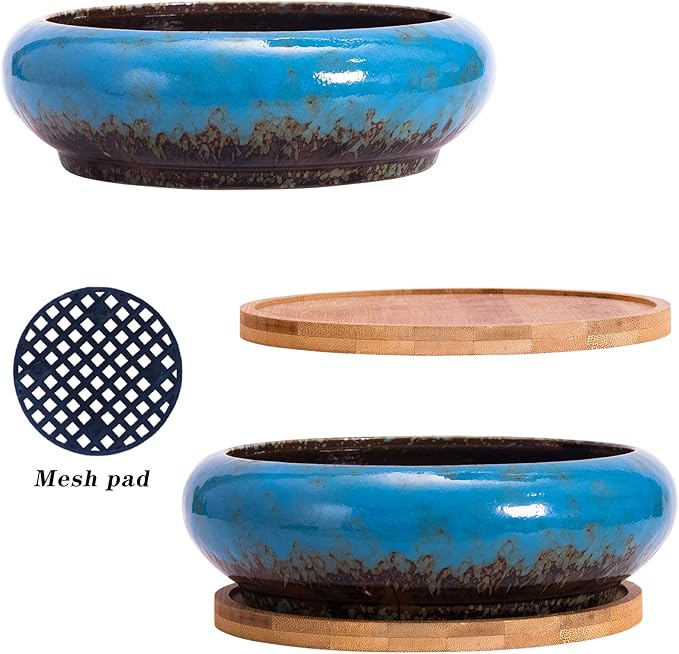 ARTKETTY Succulent Pots - Large Succulent Planters with Drainage, 7.3 Inch Ceramic Bonsai Pots with Bamboo Tray Set of 2, Shallow Cactus Flower Planter Bowl for Indoor