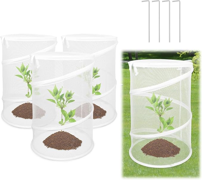 Pop up Plant Cover Net, 4 Pack White Round Foldable Net Cover to Prevent Animal Damage, Garden Plant Protection Cover with Stakes for Outdoor Plants