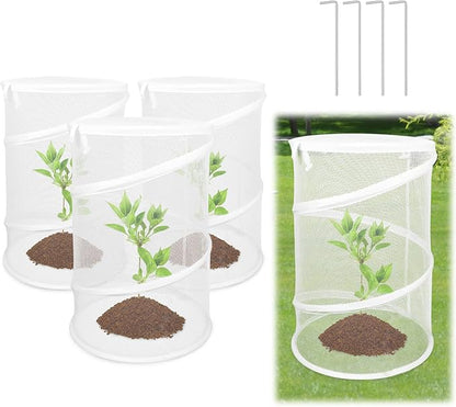 Pop up Plant Cover Net, 4 Pack White Round Foldable Net Cover to Prevent Animal Damage, Garden Plant Protection Cover with Stakes for Outdoor Plants