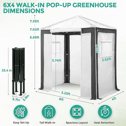 EAGLE PEAK 6x4 Portable Walk in Greenhouse with Polyester Reinforced Corners, Instant Pop up Indoor Outdoor Gardening Green House, Roll Up Zipper Entry Door and Mesh Windows, Gray/White