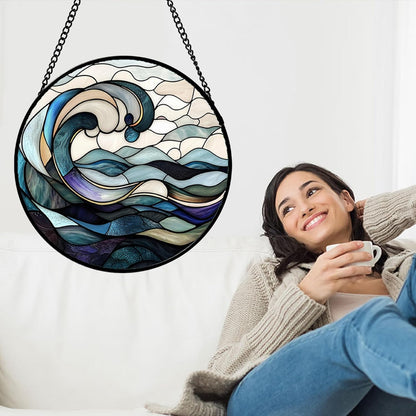 Stained Glass Window Hanging, Ocean Waves Sun Catchers Diamond Glass Panel Hangings Abstract Suncatcher Decor for Birthday for Women, Men, Wife, Aunt, and Mom 14.9x14.9 in