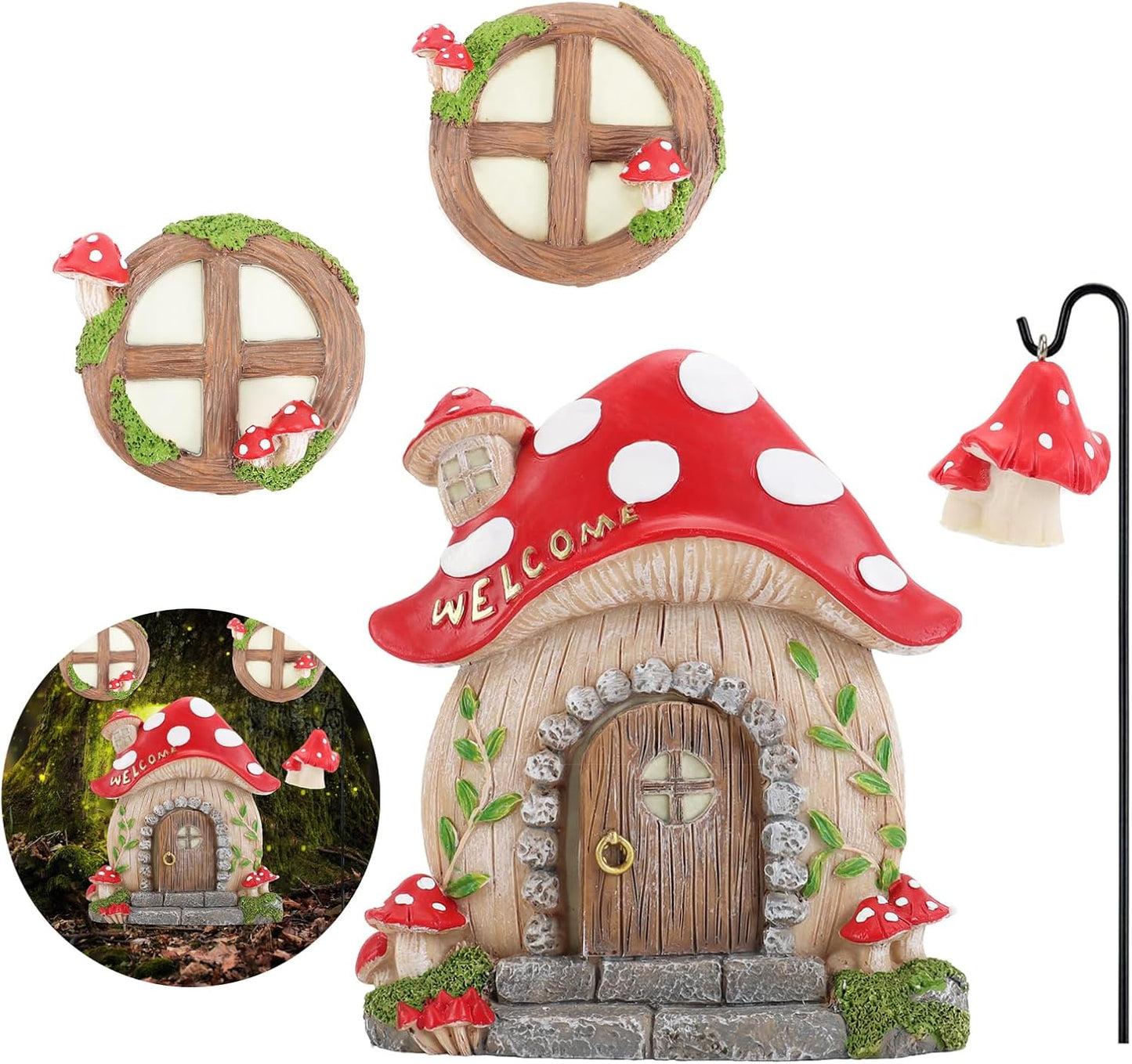 Miniature Fairy Garden Accessories Christmas Decorations Mushroom Fairy Door and Windows for Trees, Glow in The Dark Yard Garden Sculpture Lawn Ornament Outdoor Decor Accessories with Fairy Lantern