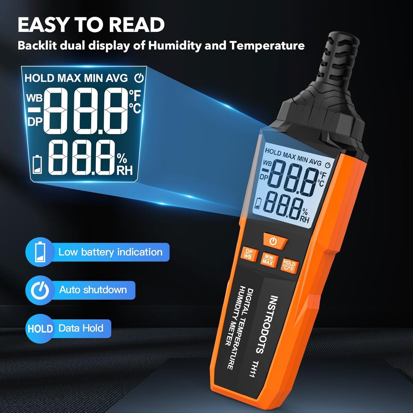 Temperature Humidity Meter, High Precision Digital Hygrometer with Ambient, Dew Point, Wet Bulb Temperature for Indoor Outdoor, Thermometer with Min/Max, Data Hold, LCD Backlight, TH11