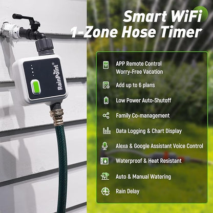 RAINPOINT 1-Zone Wireless Smart Water Timer for Garden Hose with Hub Outdoor Sprinkler Irrigation Rain Delay, APP Remote Control WiFi Valve for Faucet Automatic Schedules Lawn,Backyard,Pool