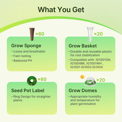 160pcs Hydroponic Pods, Accessories Compatible with Suncoze & Other Hydroponics Growing Systems, Gardening Supplies Garden Pods Include 60 Grow Sponges, 20 Grow Baskets, 20 Domes, 60 Labels