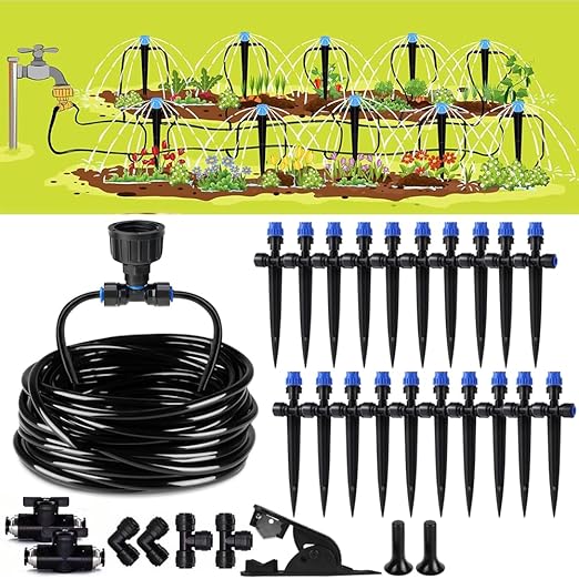 65.6FT Quick-Connect Drip Irrigation Kit with Adjustable Fan-Shaped Drippers for Garden Watering, Saving Water Automatic Irrigation Equipment for Greenhouse Raised Bed and Plants Vegetable Garden